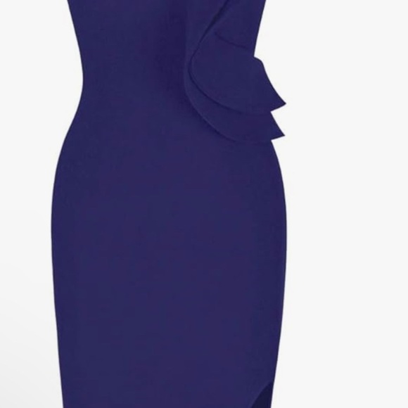 One Shoulder Ruffle Dress Side Split Bodycon Bandage Dress - Picture 3 of 8